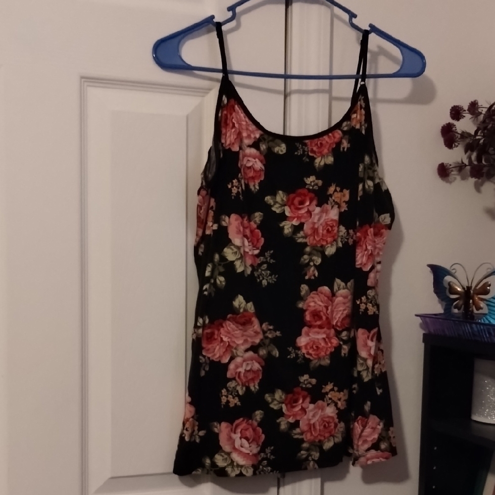 Chic Black Camisole with Pink Rose Pattern
